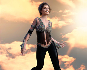 Beautiful happy young woman dancing at sunset