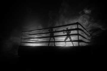 Fototapeta Man and woman boxing on the ring. Sport concept. Artwork decoration with foggy toned dark background. obraz