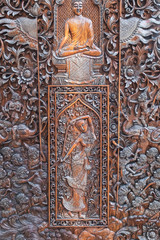 Wood carving in Buddhist temple of Wat Doi Ngam Muang in Chiang Rai, northern Thailand.