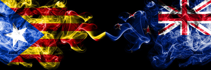 Catalonia vs New Zealand, New Zealander smoke flags placed side by side. Thick colored silky smoke flags of Catalonia and New Zealand, New Zealander
