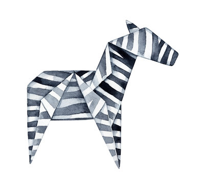 Watercolour drawing of black and white Origami Zebra. Symbol of balance, energy, light and dark, individuality, uniqueness, clarity. Handdrawn water color monochrome painting, cutout clipart element.