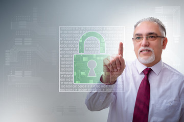 Man in digital security concept pressing button
