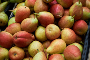 Pear fruit background, close-up. Healthy diet food. Agriculture concept