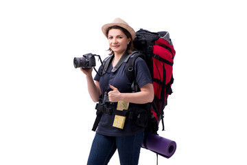 Aged female tourist isolated on white 