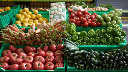 Assortment of fresh fruits and vegetables on market counter