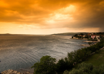 Idyllic beach on coast of Seline Croatia, Evening panorama of Seline