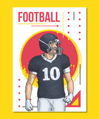 Vector illustration of american football player standing. Beautiful sport themed poster. Team game, summer sports. Rugby player isolated on abstract background.