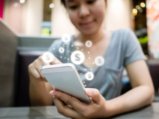 Asian woman hand using mobile phone with online transaction application, Concept financial technology (fintech)