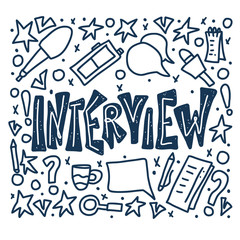 Interview design poster. Vector text with signs.