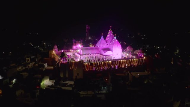 Nandagaon main temple night view, Uttar Pradesh, India, aerial 4k ungraded/flat