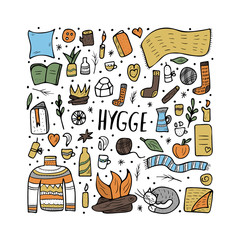 Hygge. Vector isolated symbols in doodle style.