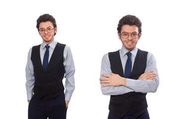 Young businessman in funny concept on white