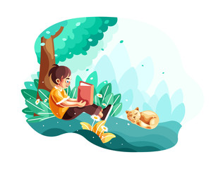 Young little kid reading a book sitting under tree illustration