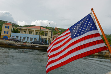 USA National Flag on a ferry boat in Charlotte Amalie on St. Thomas Island, US Virgin Islands, USA.