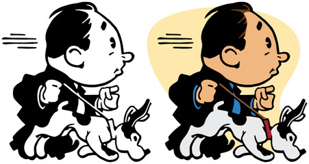 A man takes his excited dog for a walk on a leash. 