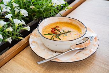 cream soup with crispy bacon