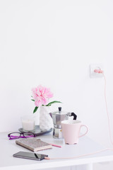 teeneger girl back college. coffee, planer, phone. workplace