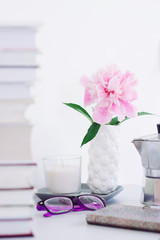 teeneger girl back college. coffee, planer, phone. workplace