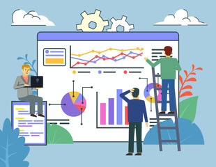 People standing near big page with various infographics, graphs, statistics. Data analysis. Poster for presentation, web page, banner, social media. Flat design vector illustration