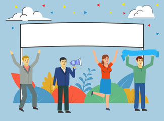 Fototapeta na wymiar Cheering team, congratulations, greetings. People cheer for someone with blank banner. Poster for social media, web page, banner, presentation. Flat design vector illustration