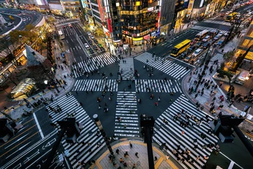 Fototapete Rund Luftaufnahme der Kreuzung in Ginza, Tokio, Japan bei Nacht. © tawatchai1990