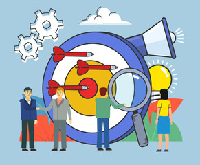 Fototapeta premium Targeted advertisement concept, creative business team. Small people stand near big target. Poster for banner, social media, web page, presentation. Flat design vector illustration