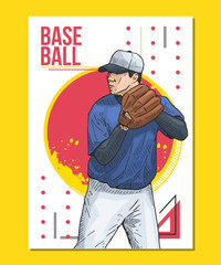 Colorful baseball sport themed poster. Vector illustration of a baseball pitcher on abstract background