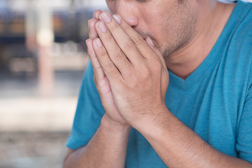 sick allergic man sneezing without sanitary mask, concept of transmitted or contagious disease inpublic place