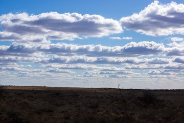 The extraordinary landscape of the steppes of Kalmykia. Over the boundless steppe float bizarre Cumulus clouds.