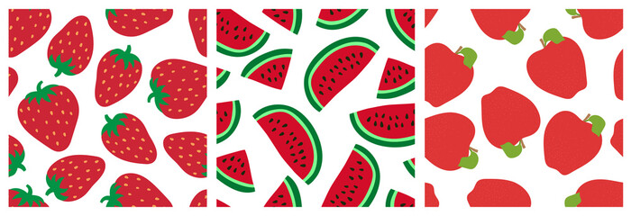 Strawberry, watermelon and apple. Red fruits and berries. Seamless pattern set. Fashion design. Food print for clothes, linens or curtain. Hand drawn vector sketch. Exotic background collection