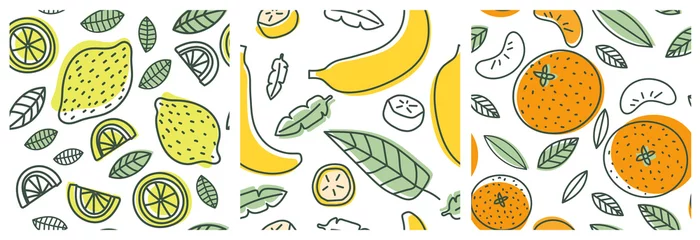 Zitrone, Banane und Orange. Nahtloser Mustersatz der Frucht. Mode-Design. Lebensmitteldruck für Kleidung, Bettwäsche oder Vorhang. Handgezeichnete Vektorskizze. Exotische Hintergrundsammlung © Ramziia