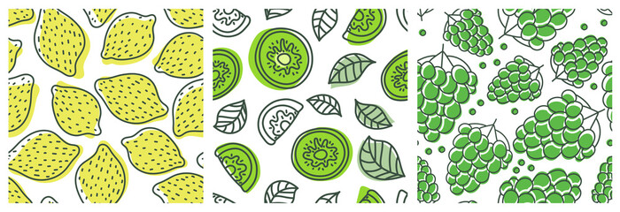 Lemon, kiwi and grapes. Fruit seamless pattern set. Fashion design. Food print for clothes, linens or curtain. Hand drawn vector sketch background collection