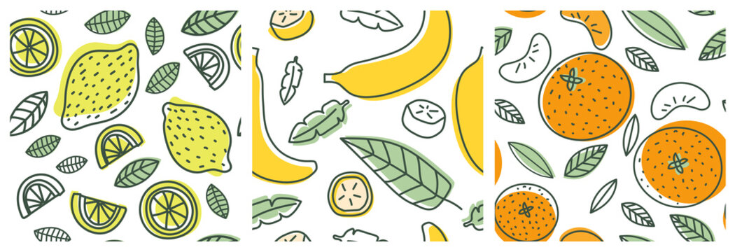 Lemon, Banana And Orange. Fruit Seamless Pattern Set. Fashion Design. Food Print For Clothes, Linens Or Curtain. Hand Drawn Vector Sketch. Exotic Background Collection