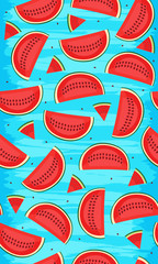Seamless pattern with watermelons, slice of watermelon vector illustration on grunge blue background, Tropical fruit pattern, Summer texture.