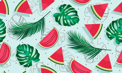 Fototapete Küche Nahtloses Muster Wassermelonen mit tropischem Blatt, Scheibe Wassermelonenvektorillustration auf blauem Hintergrund, tropischer Fruchtmustersommerstil
