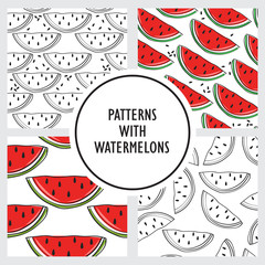 Set of seamless pattern with watermelons, hand drawn illustration. Colorful collection, raw food vector. Overlapping backgrounds with fruits. Decorative wallpaper, good for printing
