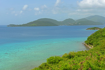 Aerial view of British Virgin Islands and Leinster Bay, from Virgin Island National Park in US Virgin Islands, USA.