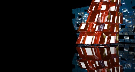 Abstract black and colored gradient glasses interior multilevel public space with neon lights. 3D illustration and rendering.