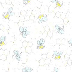 Hand drawing pattern with bees and honeycombs