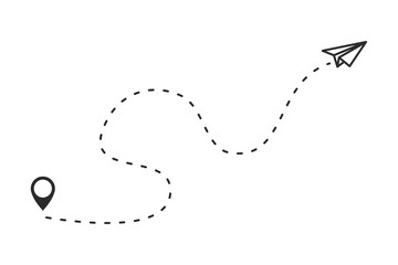 Paper Planes or airplane is in a dotted line. Tourism and travel. The waypoint is for a tourist trip. and his track on a white background.
