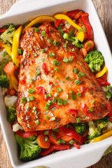 Spicy baked salmon fillet with vegetables and herbs close-up in a baking dish.Vertical top view