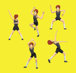 Manga Style Red Hair Woman Cartoon Zumba Dance Poses Set Vector