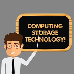 Text sign showing Computing Storage Technology. Conceptual photo collective methods that retain digital data Man Standing Holding Stick Pointing to Wall Mounted Blank Color Board