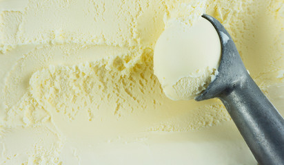 closeup scooping ice cream vanilla, Food concept, Blank for design..