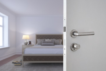 Door handle , door open in front of blur interior room background, selective focus