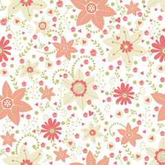 Vector floral pattern in doodle style with flowers and leaves.