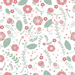Fototapeta premium Vector floral pattern in doodle style with flowers and leaves.