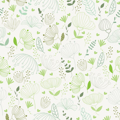 Vector leaves and flower pattern in doodles style  endless print.