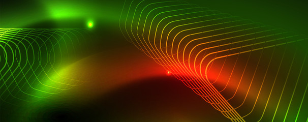 Techno glowing background, futuristic dark template with neon light effects and simple forms, vector