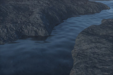 The river between the mountains at night, 3d rendering
